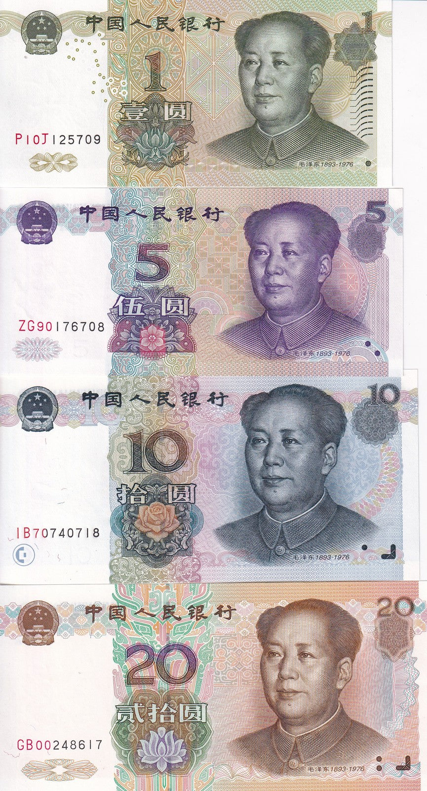 China Set 4 Pcs 1 5 10 20 Yuan 1999 P 895 897 898 899 UNC , Mao
