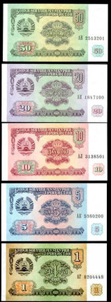 TAJIKISTAN SET 5 PCS 1 5 10 20 50 RUBLES 1994 P 1 2 3 4 5 UNC