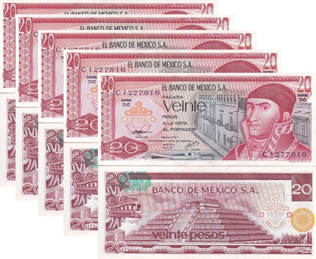 Mexico 20 Pesos 1977 P 64 d UNC Lot 5 PCS Quetzalcoatl pyramid