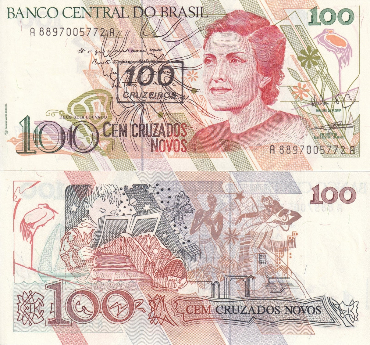 Brazil 100 Cruzeiros On 100 Cruzeiros ND 1990 P 224 AUnc