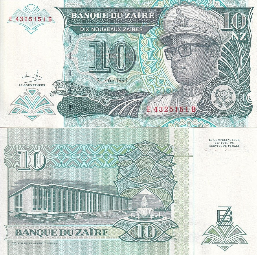 ZAIRE 10 NOUVEAUX ZAIRES 1993 P 54 UNC G&D, People's Palace, Kinshasa