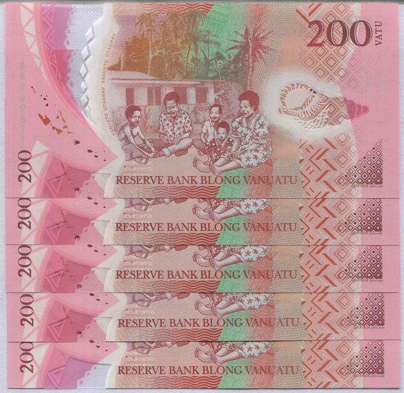 Vanuatu 200 Vatu 2014 P 12 Polymer UNC Lot 5 Pcs