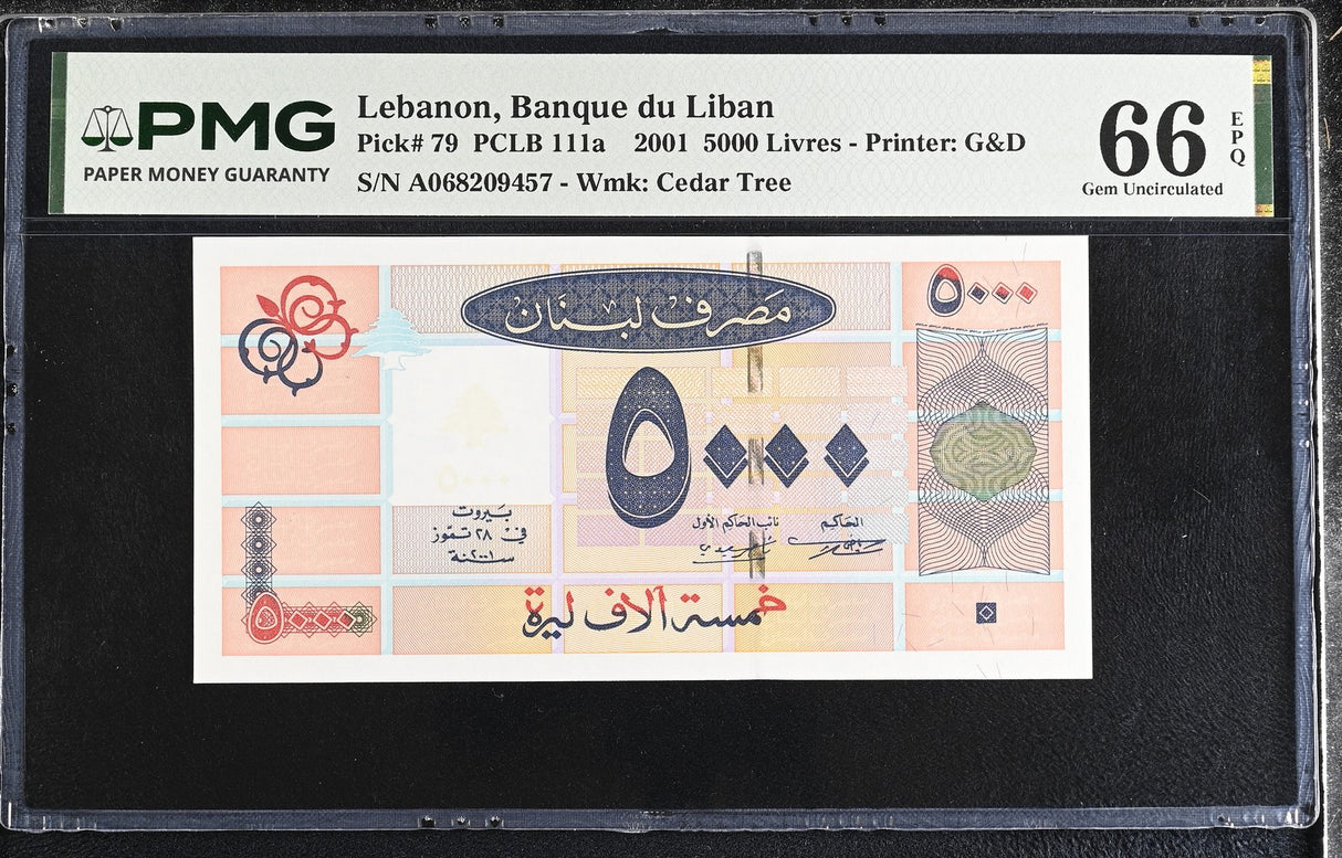 Lebanon 5000 Livres 2001 P 79 Gem UNC PMG 66 EPQ