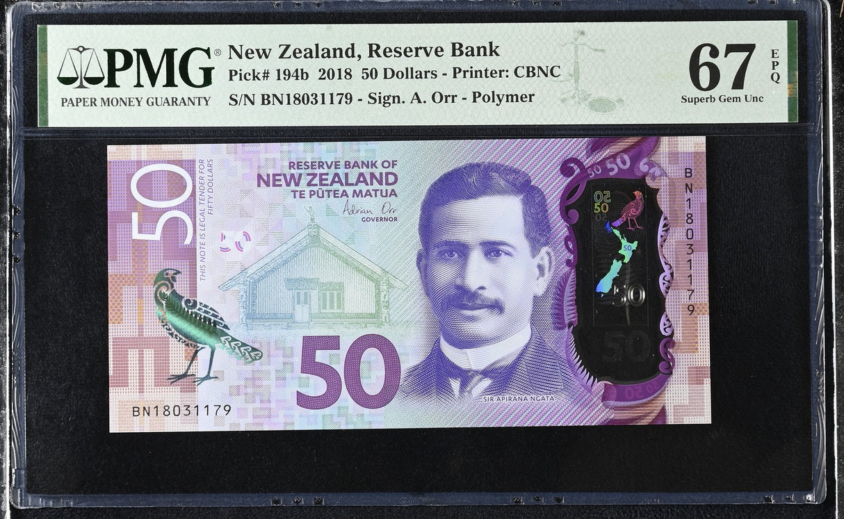 New Zealand 50 Dollars 2018 Polymer P 194 b Superb Gem UNC PMG 67 EPQ