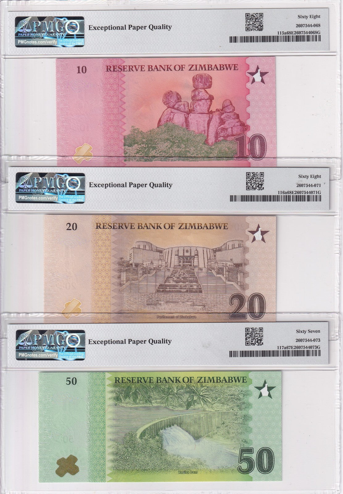 Zimbabwe Set 3, 10 20 50 Zig 2026 P 115 116 117 Superb Gem UNC PMG 67 68 EPQ ,NV