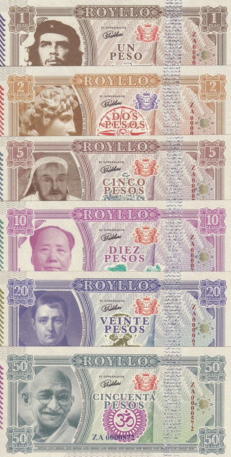 Royllo Set 6 , 1 2 5 10 20 50 Rands 2018 Fantasy Gandhi Genghis Khan