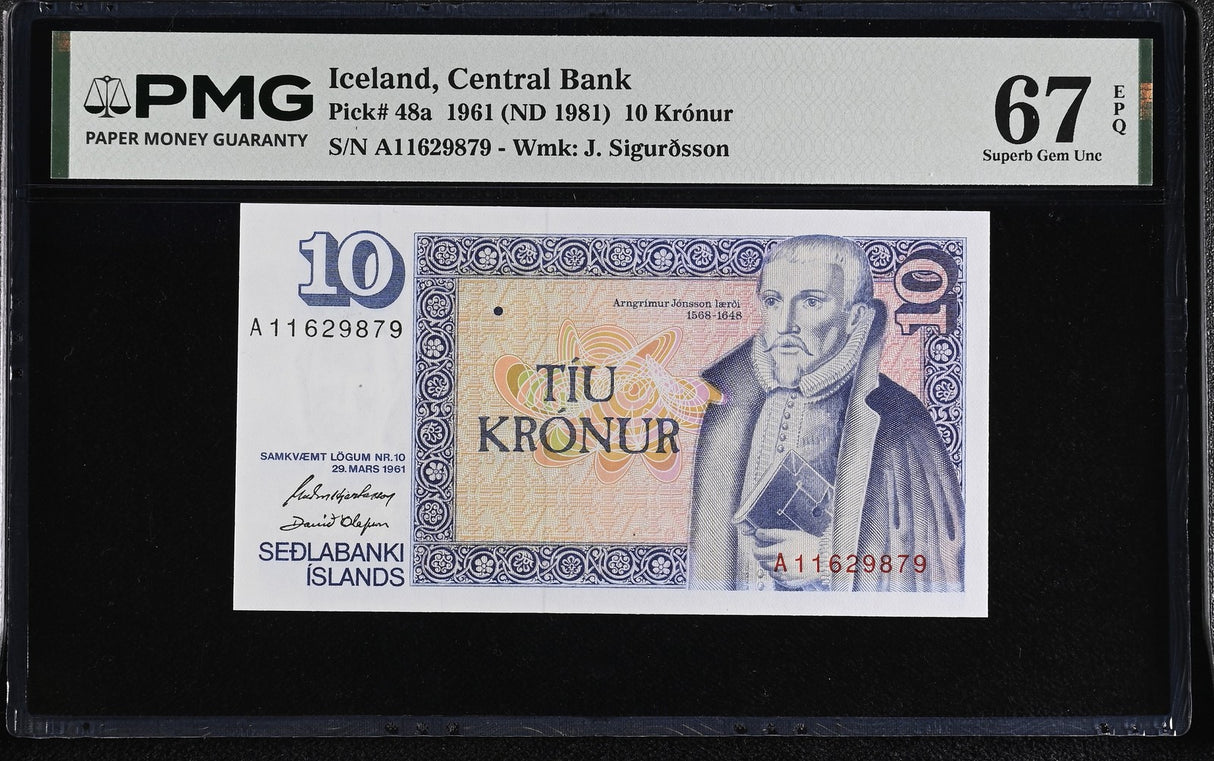 Iceland 10 Kronur 1961 ND 1981 P 48 a Superb Gem UNC PMG 67 EPQ