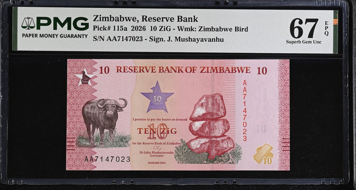 Zimbabwe 10 Zig 2026 P 115 a Superb Gem UNC PMG 67 EPQ , zimbabwe bird