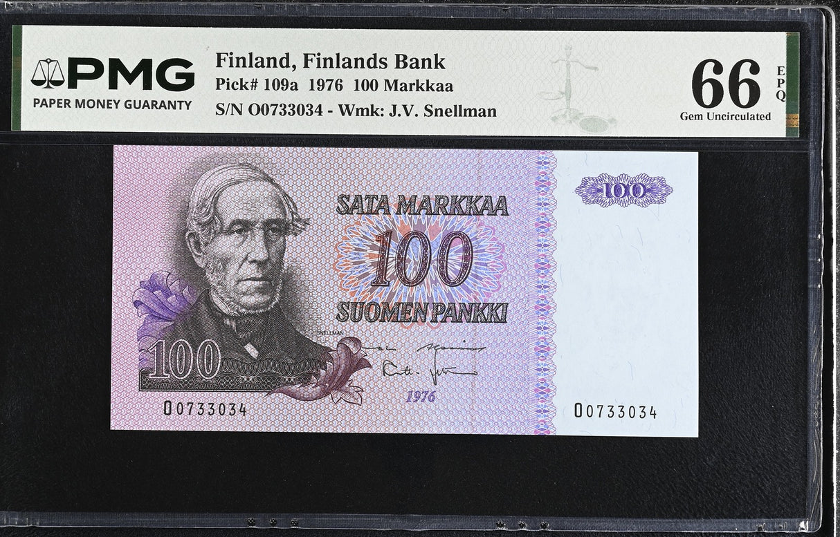 Finland 100 Markkaa 1976 P 109 a J.V. Snellman Gem UNC PMG 66 EPQ