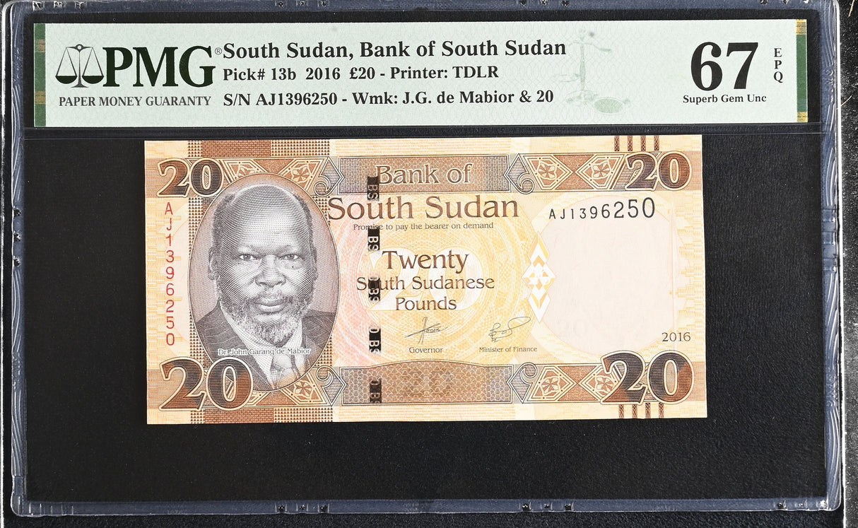 South Sudan 20 Pounds 2016 P 13 b Superb Gem UNC PMG 67 EPQ TOP POP