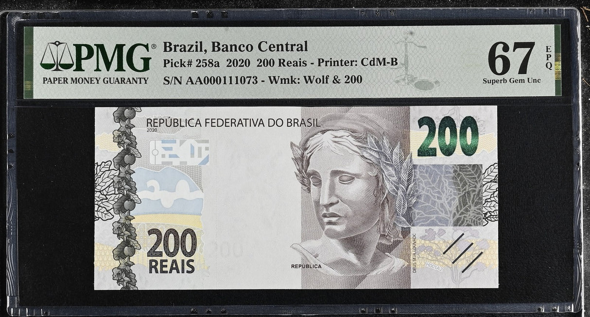 Brazil 200 Reais 2020 P 258 a AA Prefix Superb Gem UNC PMG 67 EPQ