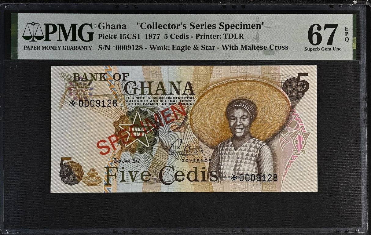 Ghana 5 Cedis 1977 P 15 CS1 Specimen Superb Gem UNC PMG 67 EPQ
