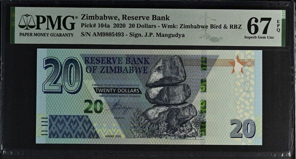 Zimbabwe 20 Dollars 2020 P 104 a Superb Gem UNC PMG 67 EPQ