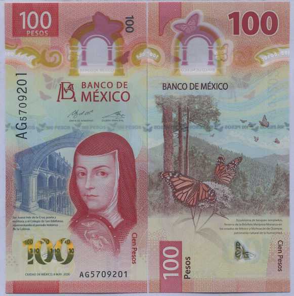 Mexico 100 Pesos 2020 P 131 a ,P W134 Polymer Random Prefix UNC
