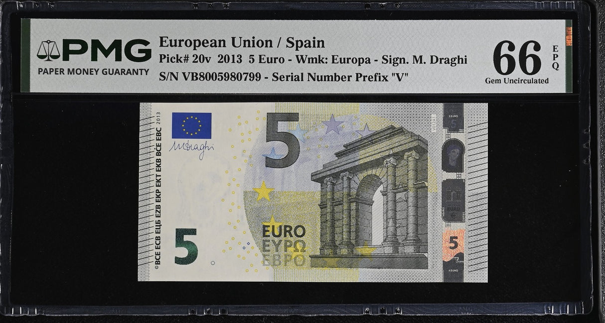 Euro 5 Euro 2013 P 20 V Spain VB Gem UNC PMG 66 EPQ , Graded Note