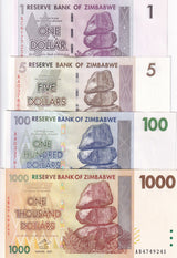Zimbabwe Set 4 UNC 1 5 100 1000 Dollars 2007 P 65 66 69 71
