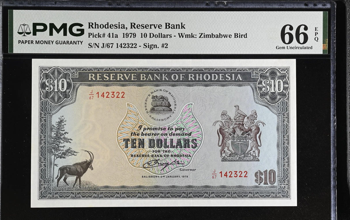 Rhodesia 10 Dollars 1979 P 41 a Gem UNC PMG 66 EPQ WTM Zimbabwe Bird
