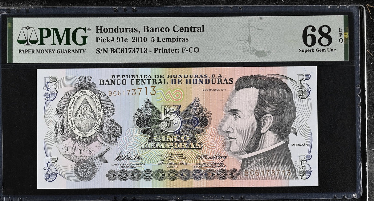 Honduras 5 Lempiras 2010 P 91 c Superb Gem UNC PMG 68 EPQ