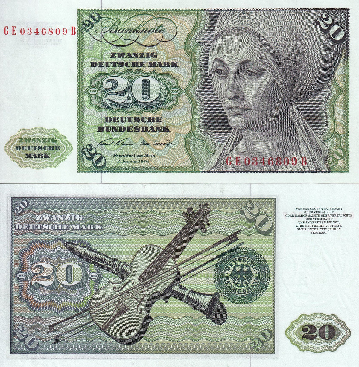 Germany Federal Republic 20 Mark 1970 P 32 a UNC, Watermark E. Tucher