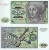 Germany Federal Republic 20 Mark 1970 P 32 a UNC, Watermark E. Tucher