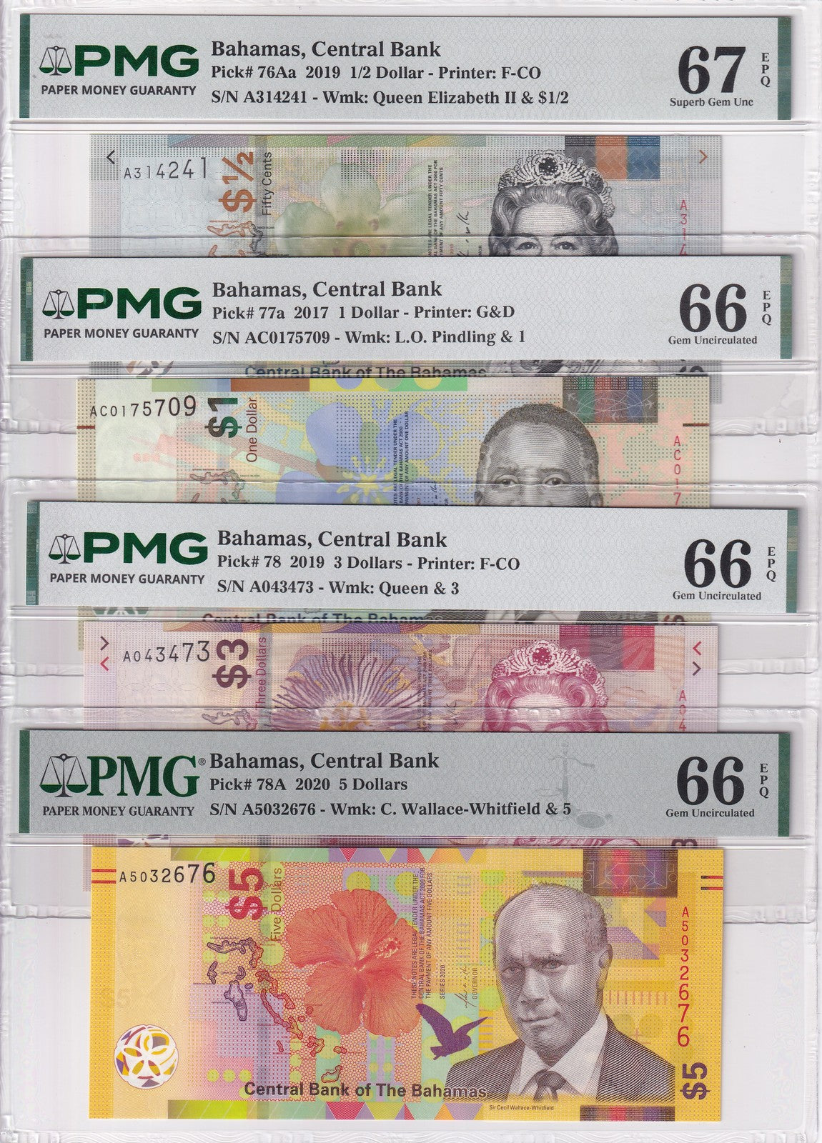 Bahamas Set 4 ;1/2 1 3 5 Dollar 2017-20 P 76A P 78A Superb Gem UNC PMG 66 67 EPQ