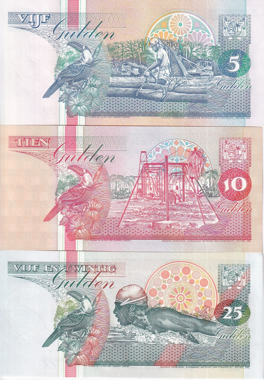 Suriname Set 3 UNC 5 10 25 Gulden Random Years P 136 137 138