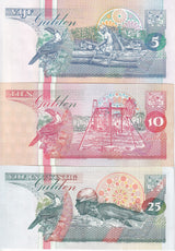 Suriname Set 3 UNC 5 10 25 Gulden Random Years P 136 137 138