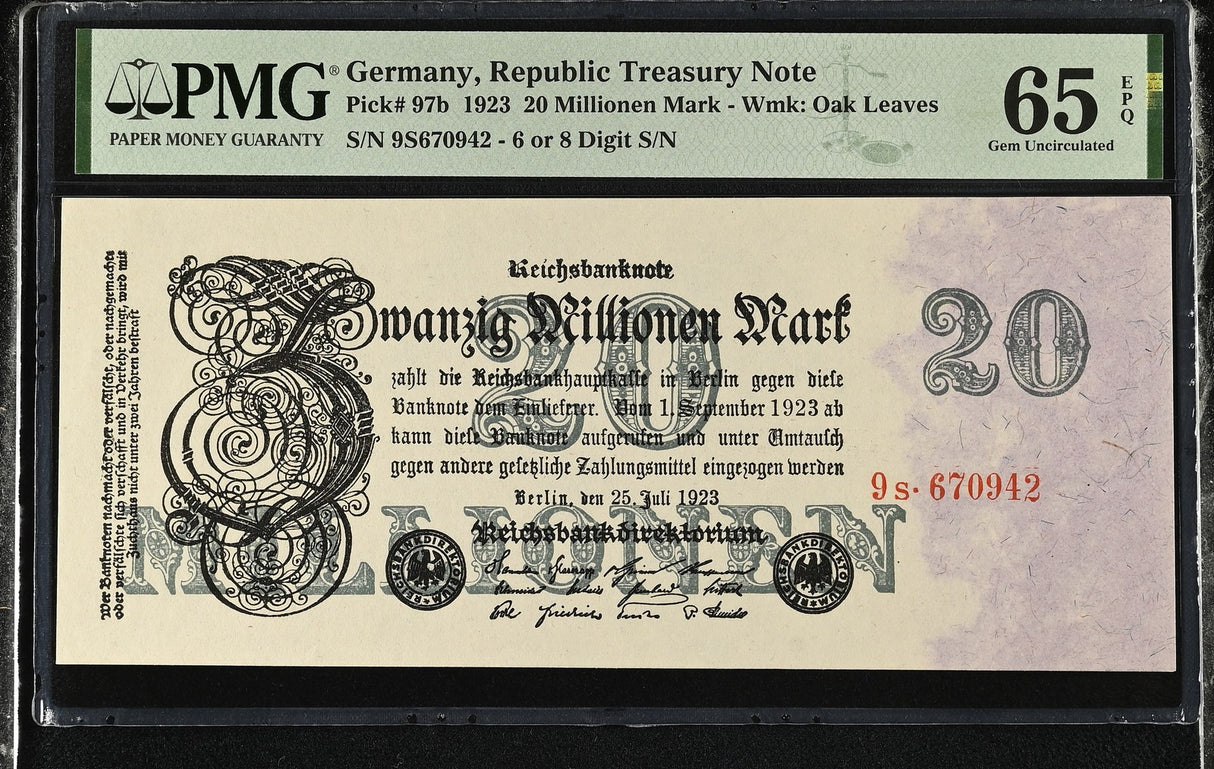 Germany 20 Millionen Mark 1923 P 97 b Gem UNC PMG 65 EPQ