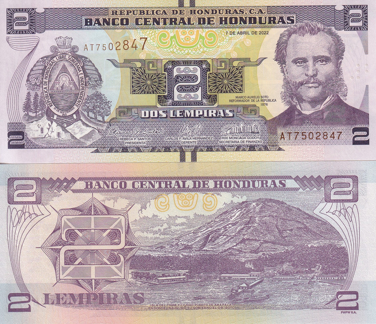 Honduras 2 Lempiras 2022 P 97 UNC Arms, Marco Aurelio Soto