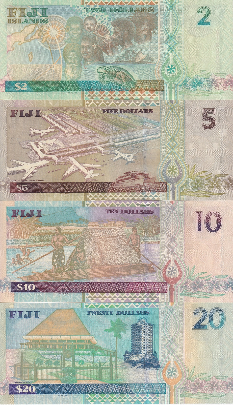 Fiji Set 4 PCS 2 5 10 20  Dollars Random Year P 102 P 105 P 106 P 107 UNC