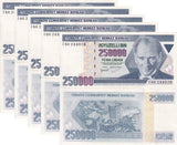 Turkey 250000 Lirasi 1970 ND 1998 P 211 UNC LOT 5 PCS ,Red Tower, Alanya Antalya