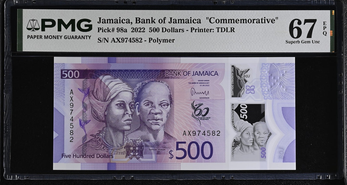 Jamaica 500 Dollars 2022 P 98 a Polymer Commemorative Superb Gem UNC PMG 67 EPQ