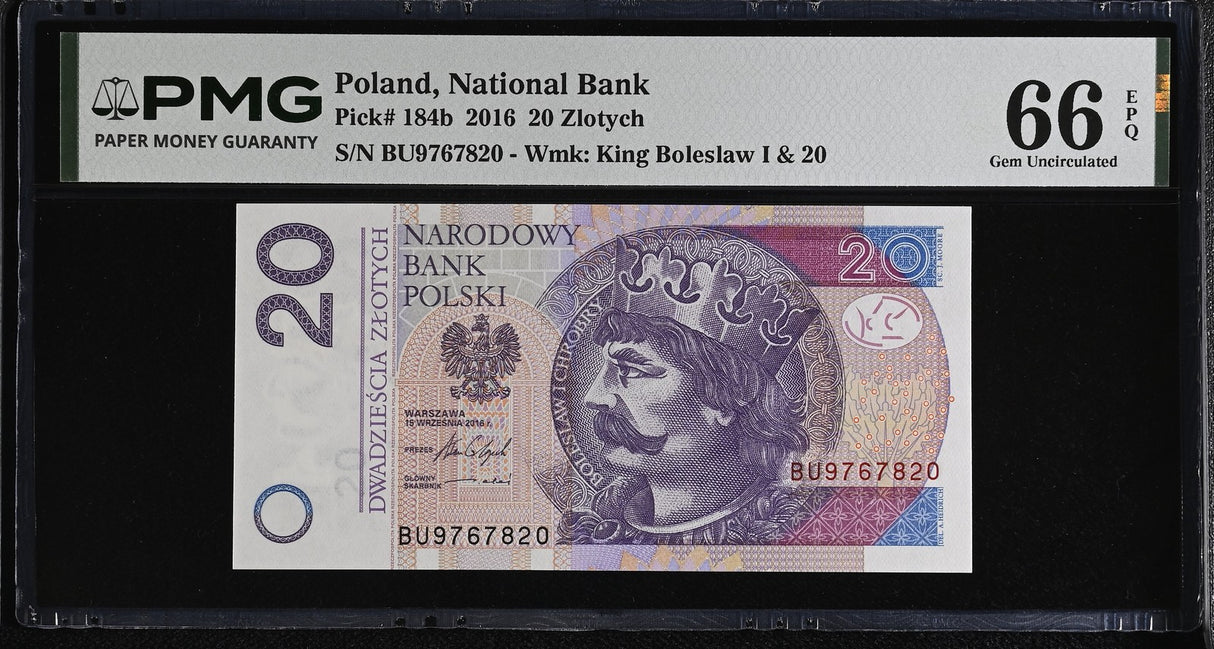 Poland 20 Zlotych 2016 P 184 b Gem UNC PMG 66 EPQ , Graded Note
