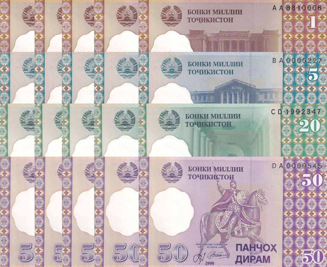 Tajikistan SET 4 x LOT 5 = 20 UNC 1 5 20 50 Diram 1999 P 10 11 12 13