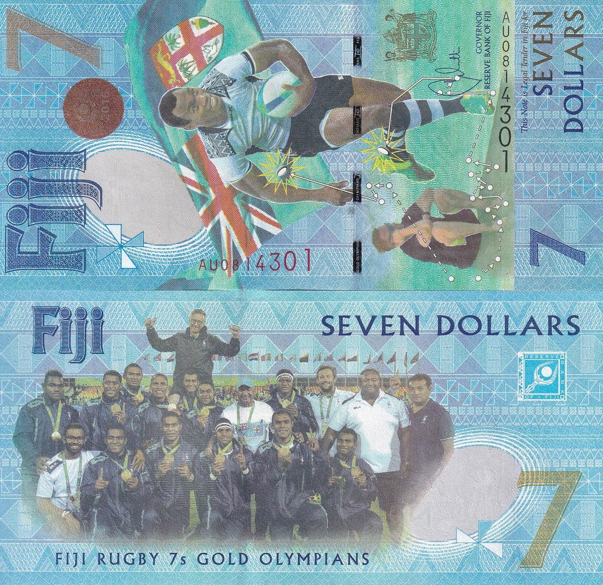 Fiji 7 Dollars 2016 ND 2017 Commemorative P 120 UNC ,Rugby 7s Gold Olympics