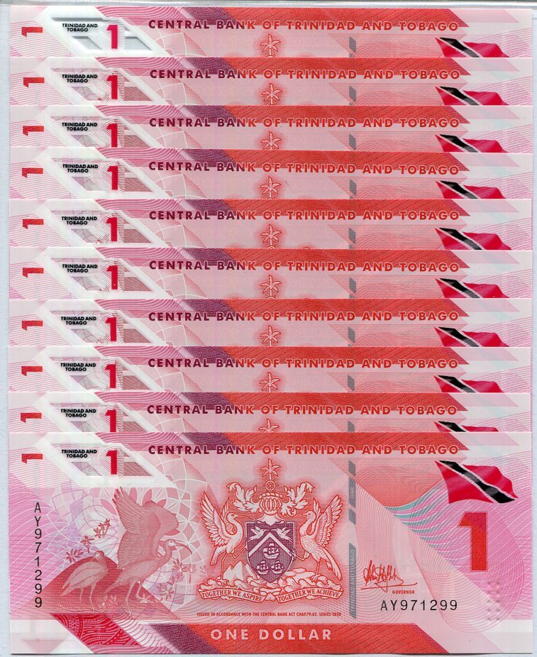 Trinidad & Tobago 1 Dollar 2020/2021 Polymer P 60 UNC Lot 25 Pcs 1/4 Bundle