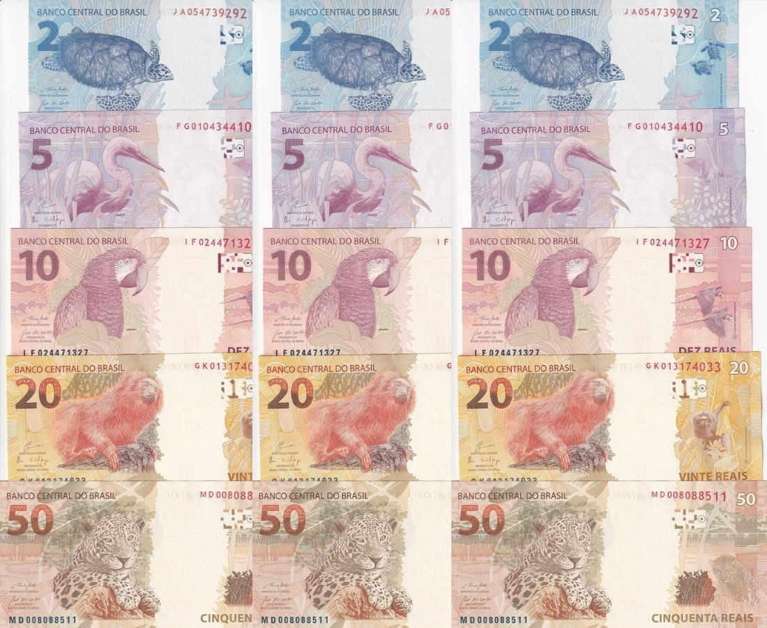 Brazil Set 5 x Lot 3 = 15 UNC 2 5 10 20 50 Reai 2010-2023 P 252 253 254 255 256