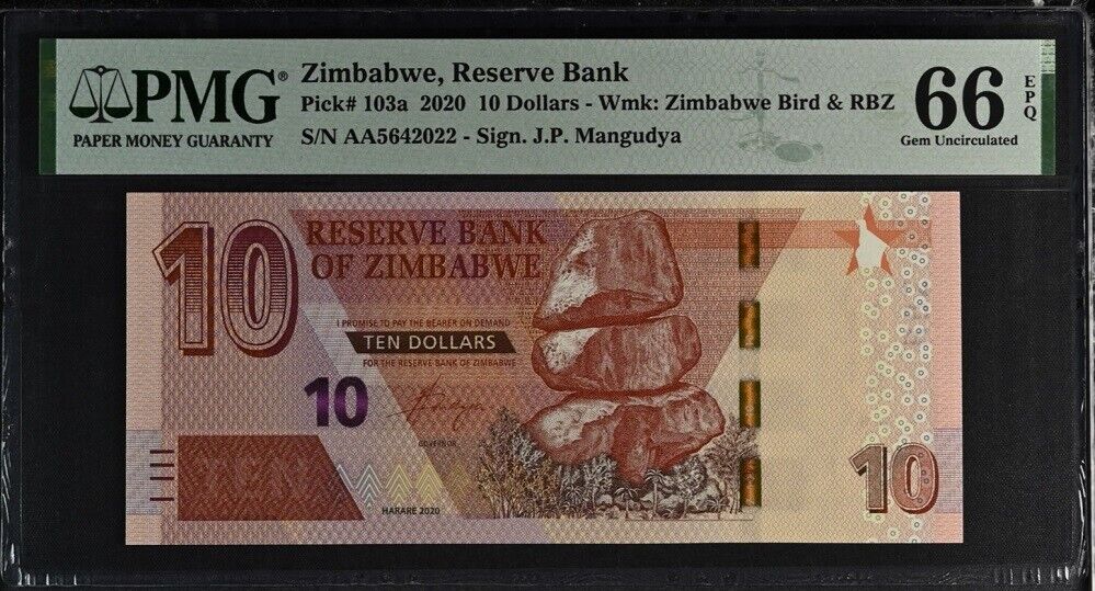 Zimbabwe 10 Dollars 2020 P 103 a AA Prefix Gem PMG 66 EPQ