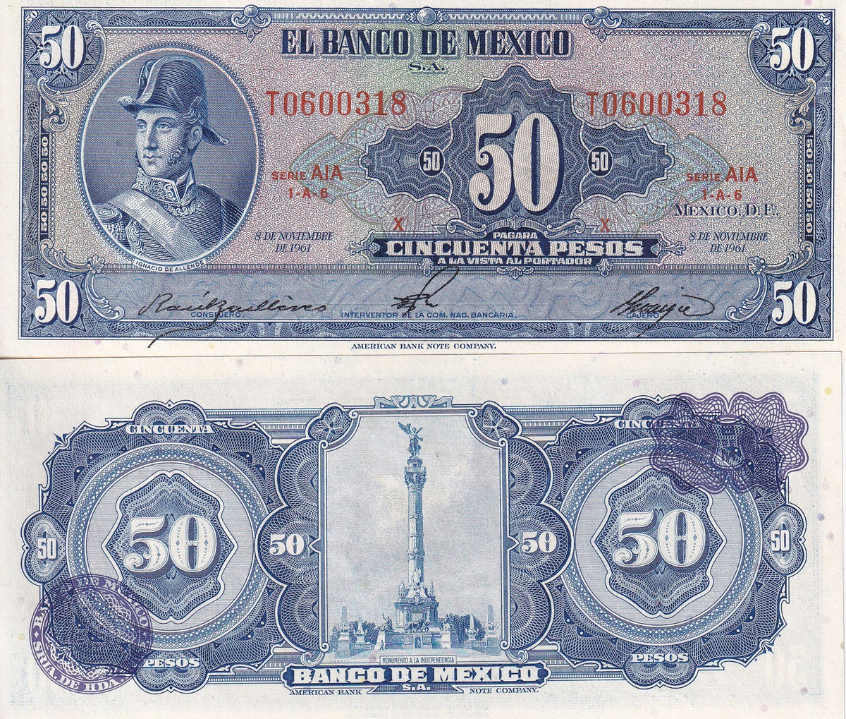 Mexico 50 Pesos 1961 P 49 n UNC, Ignacio de Allende  Statue of Victory