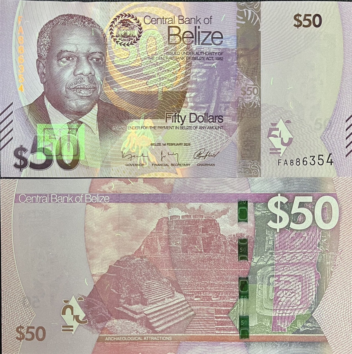 Belize set 6 UNC 2 5 10 20 50 100 Dollars 2025 P 73 74 75 76 77 78 NEW Design