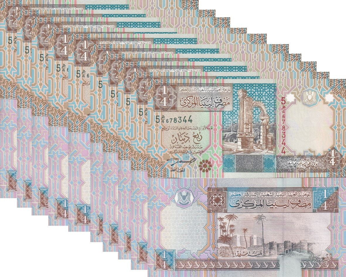 Libya 1/4 Dinar 2002 P 62 UNC Marzuq fortress, Trajan arch Lot 10 Pcs