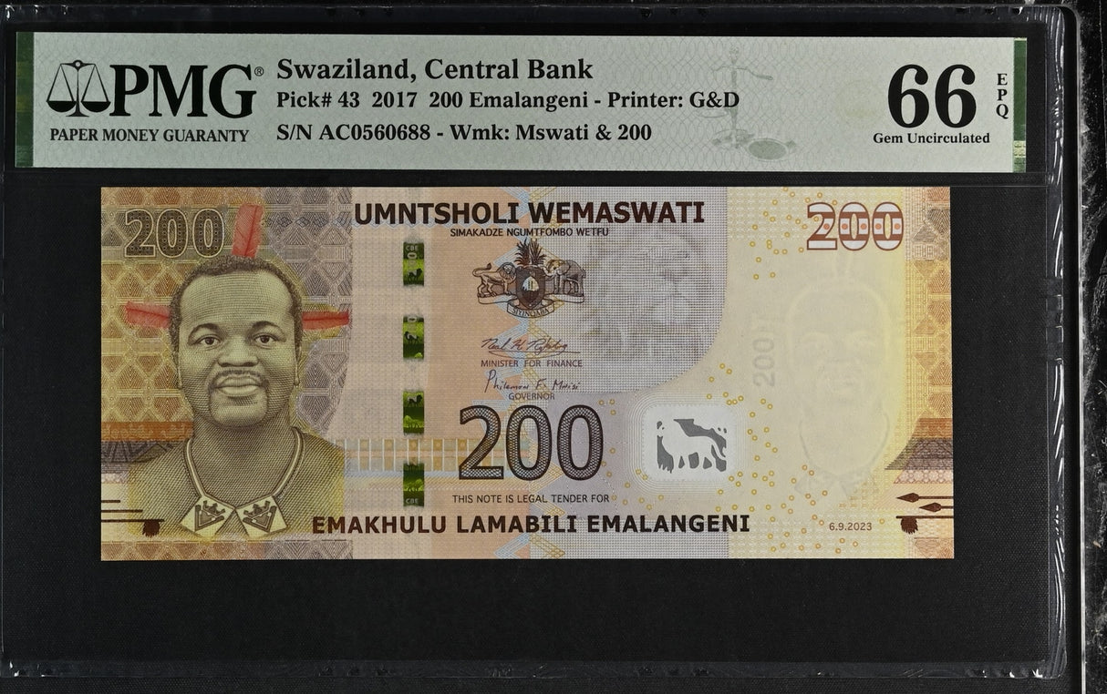 Swaziland 200 Emalangeni 2017 P 43 Gem UNC PMG 66 EPQ