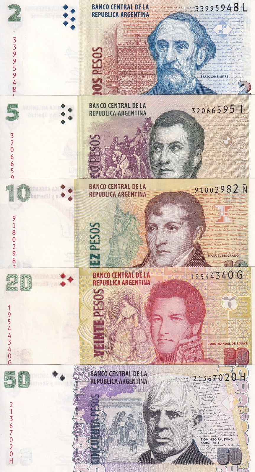 Argentina Set 5 UNC 2 5 10 20 50 Pesos 2012-2015 P 352 353 534 355