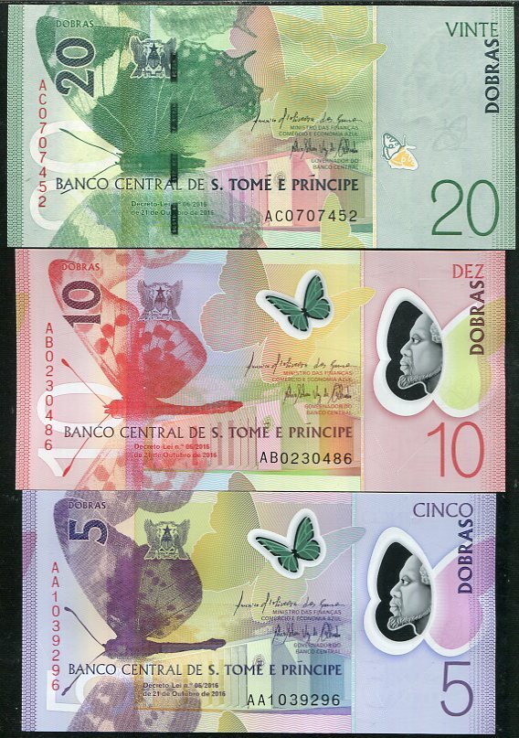 Saint Thomas & Prince Set 3 UNC 5 10 20 Dobras Polymer 2016 P 70 71 72 Sao Tome