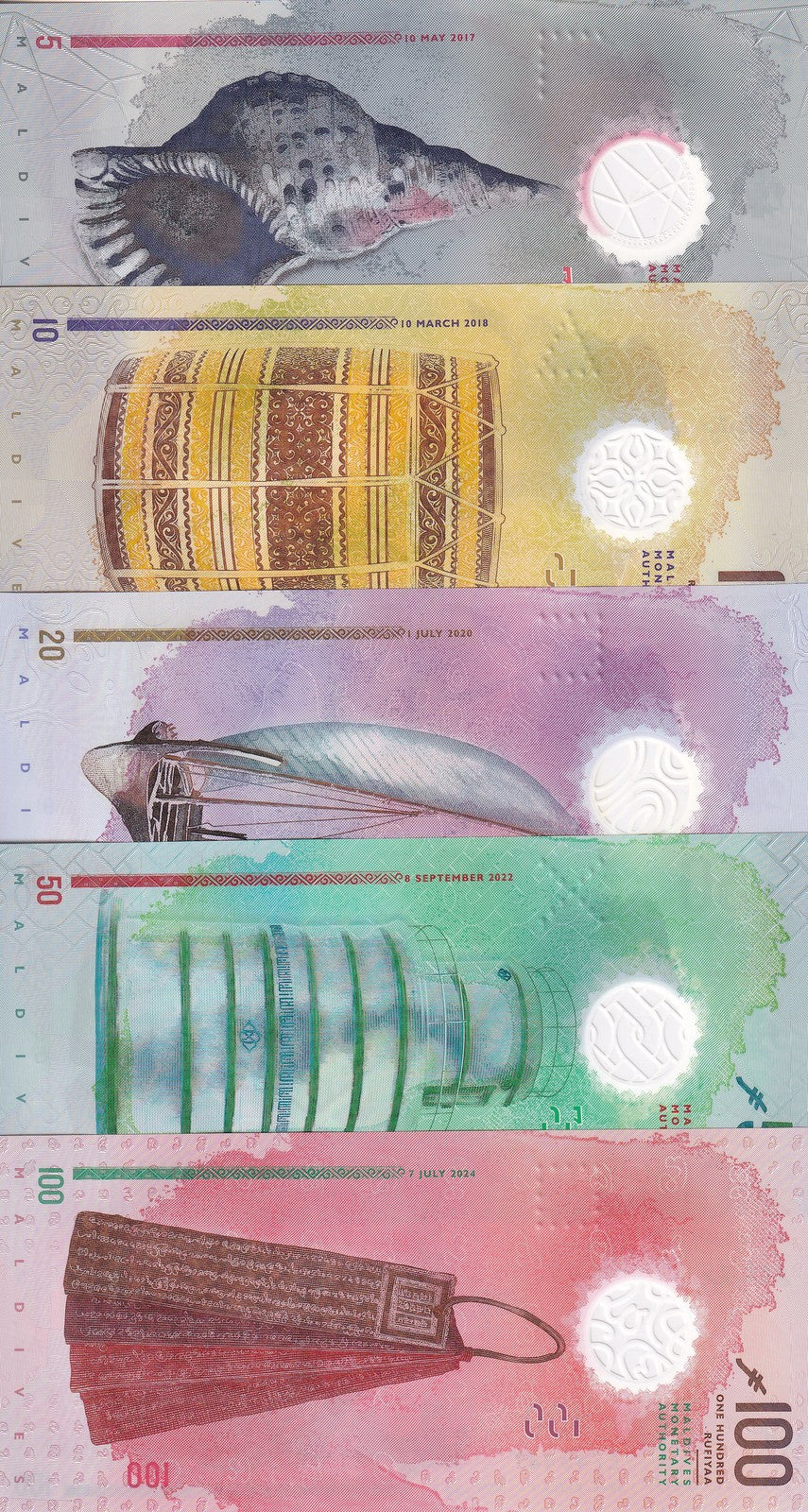 Maldives Set 5 UNC 5 10 20 50 100 Rufiyaa 2017-2025/2026 Polymer Symbol P A26-36