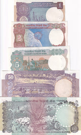 India Set 5 Pcs 1 2 5 50 100 Rupees P 78 79 80 84 P 86 Random Sign UNC W/H