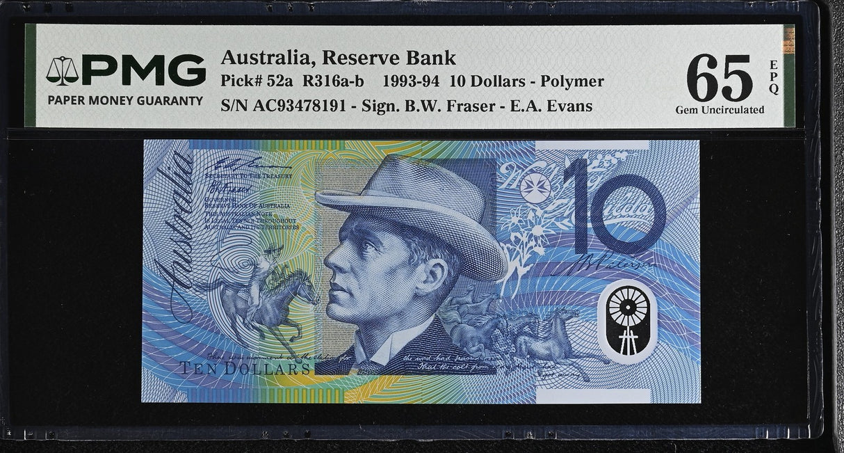 Australia 10 Dollars 1993 P 52 a Gem UNC PMG 65 EPQ ,Mary Gilmore ,Banjo
