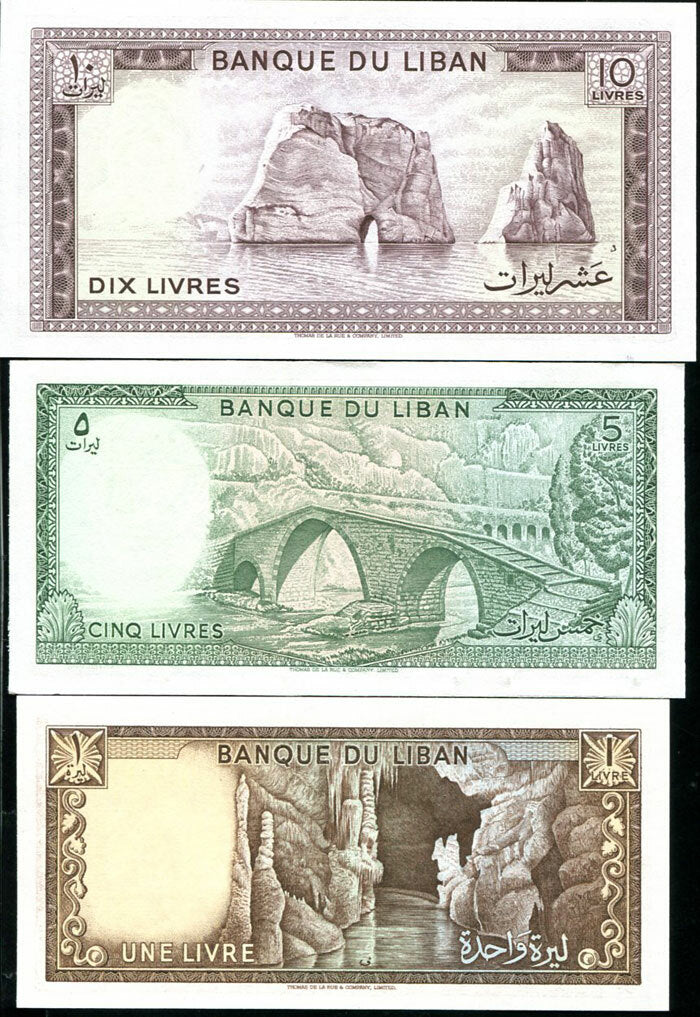 Lebanon Set 3 UNC 1 5 10 Livres 1980 1986 P 61 62 63 ,Jeita cavern ,River Kalb