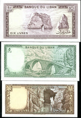 Lebanon Set 3 UNC 1 5 10 Livres 1980 1986 P 61 62 63 ,Jeita cavern ,River Kalb