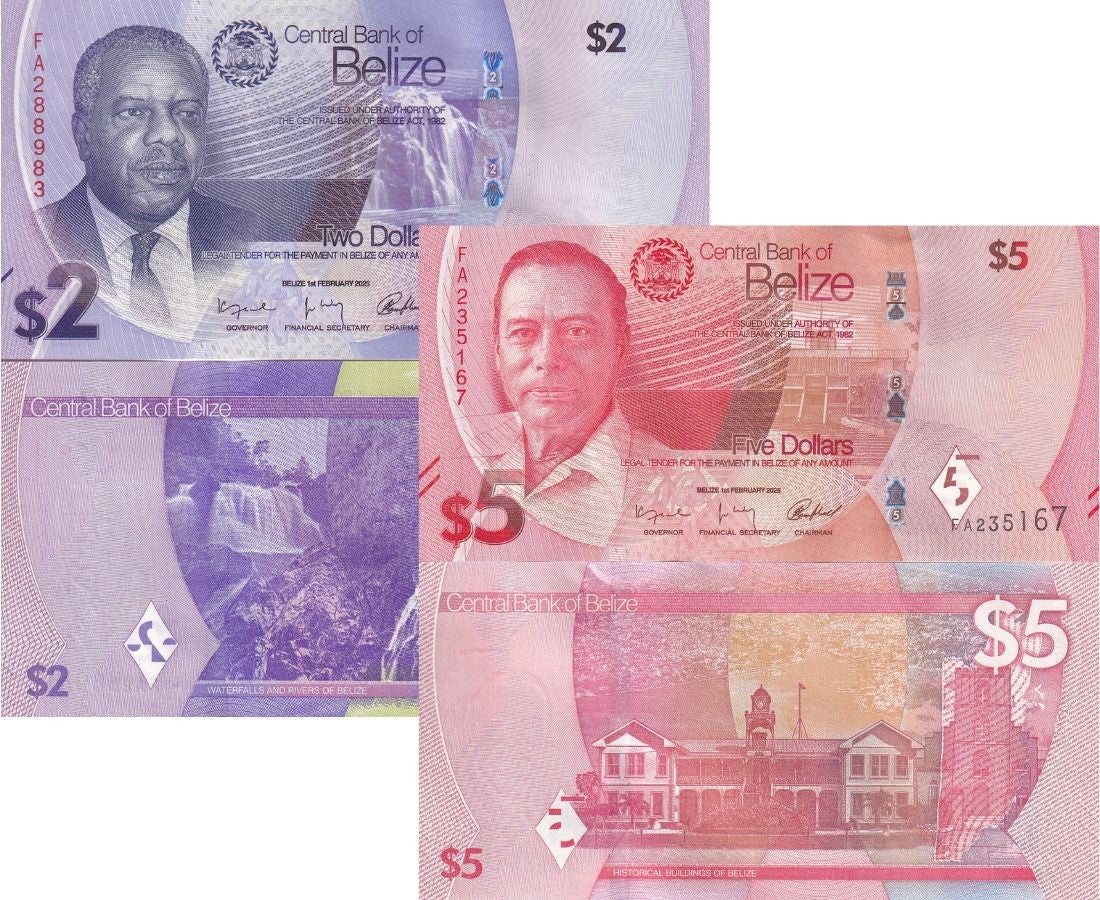 Belize set 2 UNC 2 5 Dollars 2025 P 73 74 NEW Design, Philip Goldson,George Cadl
